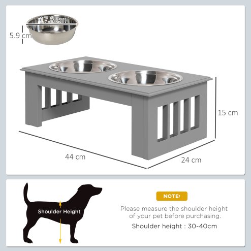 PawHut Raised Dog Bowl Feeding Bowls with Stand for Extra Small and Small Dogs Elevated Pet Bowls Water Food Feeder 44L x 24W x 15H cm - Grey
