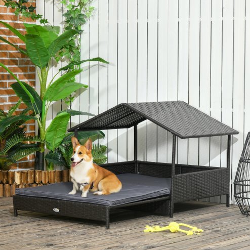 PawHut Rattan Dog House, Extendable Outdoor Wicker Dog Bed w/ Water-Resistant Roof, Removable Cushion, for Small and Medium Dogs - Grey