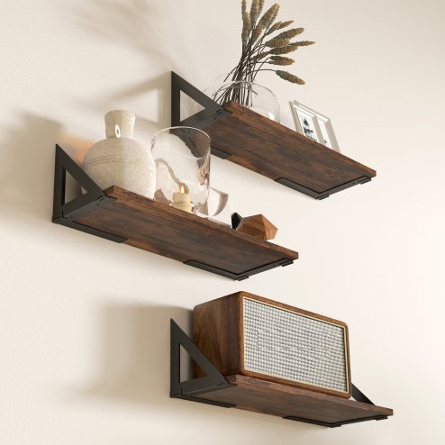 HOMCOM Set of 3 Wall Shelves, Vintage Wall Mounted Floating Shelves for Living Room, Entryway, Bedroom, Rustic Brown