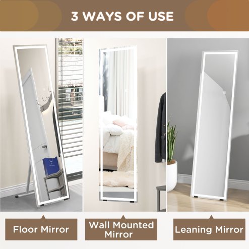 HOMCOM Full Length Mirror with LED Lights, 150x40cm Floor Mirror, Free Standing, Wall Mounted or Leaning, Full Size Body Mirror with Dimmable and 3 Colour Lighting for Bedroom, 32W, White