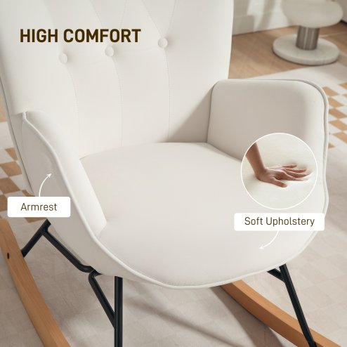 HOMCOM Rocking Chair, Modern Upholstered Velvet Armchair with Solid Wood Legs and Metal Frame for Living Room, Bedroom, Cream