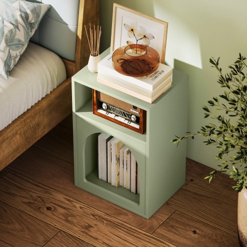 HOMCOM Bedside Table, Modern Bedside Cabinet with 2 Open Compartments and Unique Arch Design, Side Table for Living Room, Bedroom, Light Green