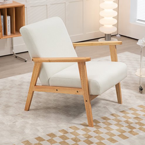 HOMCOM Accent Armchair, Living Room Chair, Wooden Upholstered Single Lounge Chair with Rubber Wood Legs and Padded Seat , Leisure Sofa Chair for Bedroom Office, Cream White