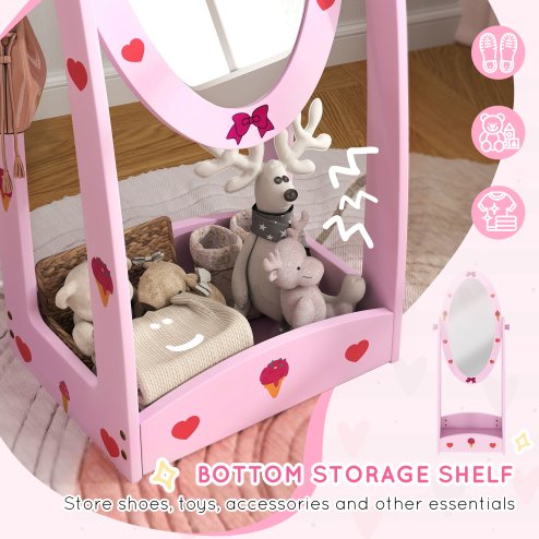 AIYAPLAY Kids Mirror Full Length with Storage Shelf, 360?? Rotating Standing Mirror for Bedroom, Kids Room, Nursery Room, Hot Pink