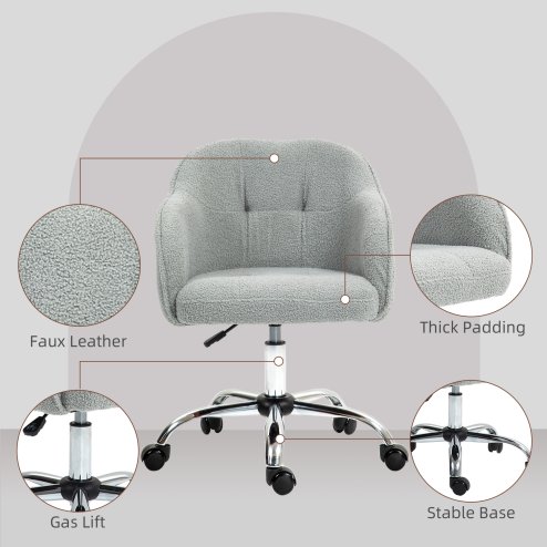 HOMCOM Office Chair, Teddy Fleece Swivel Computer Desk Chair, Makeup Vanity Seat with Adjustable Height for Home Study Bedroom, Grey