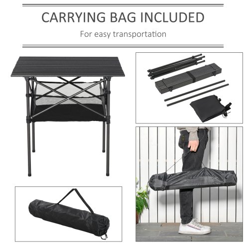 Outsunny 70cm Aluminum Roll-Top Table w/Mesh Bag Camping Outdoor Dining Foldable w/Steel Frame Picnic Lightweight Hiking Furniture Desk, Black
