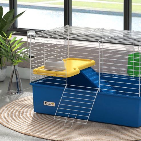 PawHut Guinea Pig Cage Chinchillas Rabbit Small Animal Cage with Ramp, Dish, Water Bottle, 71 x 46 x 47cm, Blue