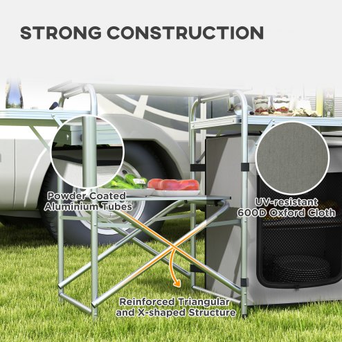 Outsunny Camping Kitchen with Storage Cupboard, Folding Camping Table, Aluminium Portable Picnic Table with Windshield, Light Stand, Carrying Bag for BBQ, Silver