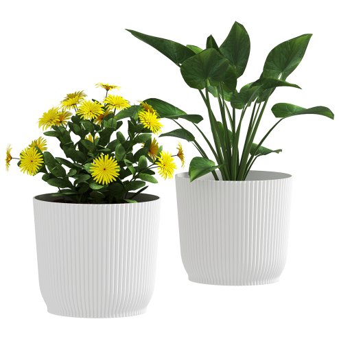 Outsunny Set of 2 Plastic Round Plant Pots Outdoor 22cm, Garden Planters, Flower Pots for Garden Decoration, Patios, Indoor, Outdoor, Home, White