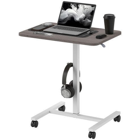 HOMCOM Height Adjustable Standing Desk, Pneumatic Sit Stand Desk for Laptop, Mobile Overbed Table with Wheels and Headphone Hook for Home Office