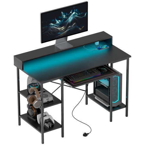 HOMCOM Computer Desk with LED Lights and Power Outlets, 120 x 55 cm Gaming Desk with Monitor Stand, Sliding Keyboard Tray and Storage Shelves for Home Office, Black