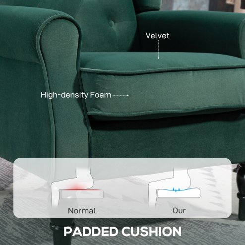 HOMCOM Retro Accent Chair, Velvet Wingback Armchair with Wood Frame Button Tufted Design for Living Room Bedroom, Green