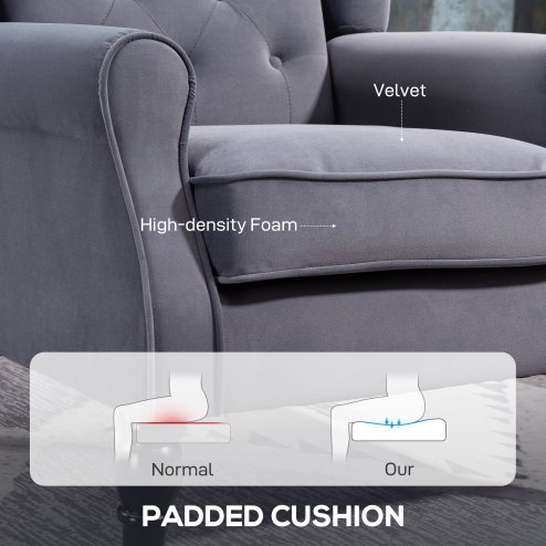HOMCOM Retro Accent Chair, Velvet Wingback Armchair with Wood Frame Button Tufted Design for Living Room Bedroom, Charcoal Grey