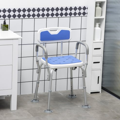 HOMCOM EVA Padded Shower Chair for the Elderly and Disabled, Height Adjustable Shower Stool with Back and Arms, 4 Suction Foot Pads