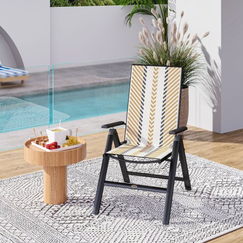 Outsunny Rattan Folding Chair Outdoor, 5-Position Adjustable Wicker Garden Dining Chair with High Backrest, Wide Armrest, for Patio, Terrace, Balcony, Orange