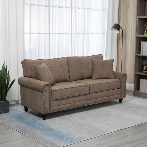 HOMCOM 3 Seater Sofa, Fabric Couch with Rubber Wood Legs, 3 Seater Settee with Extra Padded Cushions and Pillows for Living Room, 196W x 80.5D x 89H cm, Brown