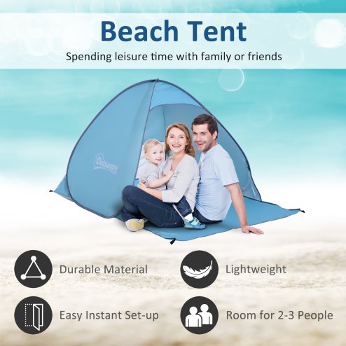 Outsunny Pop up Beach Tent, UV 30+ Portable Sun Shelter with Carry Bag, 2x1.5m for 2-3 Person, Blue