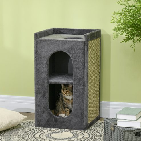 PawHut 2 Layer Cat House, Cat Beds for Indoor Cats with Scratching Pad, 81cmH, Grey