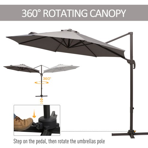 Outsunny 3M Cantilever Parasol, Hanging Garden Umbrella Sun Shade with 360 Rotation, Aluminium Frame, Cross Base, Hand Crank, Grey