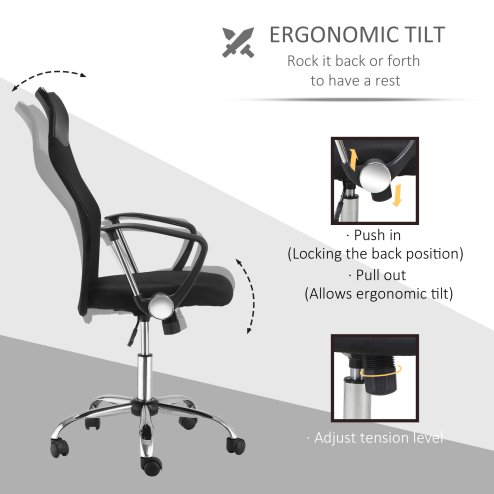 HOMCOM Mesh Office Chair, High Back Computer Desk Chair, Swivel Chair with Height Adjustable, Study Chair for Home Office, Black