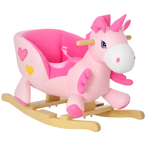 HOMCOM Rocking Horse, Kids Plush Ride on Unicorn with Songs, Wooden Base, Seat Belt, for Toddlers 18-36 Months, Pink