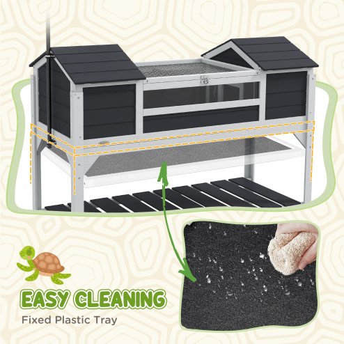 PawHut Tortoise House, Wooden Tortoise Enclosure with Adjustable Lamp Holder, Tortoise Table with Openable Lid, Dual Main Houses, Storage Shelf, Basking Area, Fixed Tray - Grey