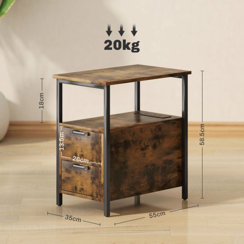 HOMCOM Side Table with Charging Station, USB Ports and Power Outlets, Narrow Bedside Table with 2 Drawers and Shelf for Living Room, Bedroom, Rustic Brown