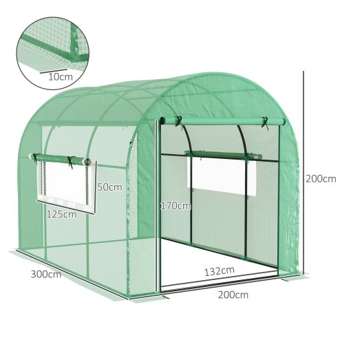 Outsunny 3 x 2 x 2m Polytunnel Greenhouse with Doors and Mesh Windows, Walk-in Grow House Tent with UV-resistant PE Cover and Steel Frame, Green