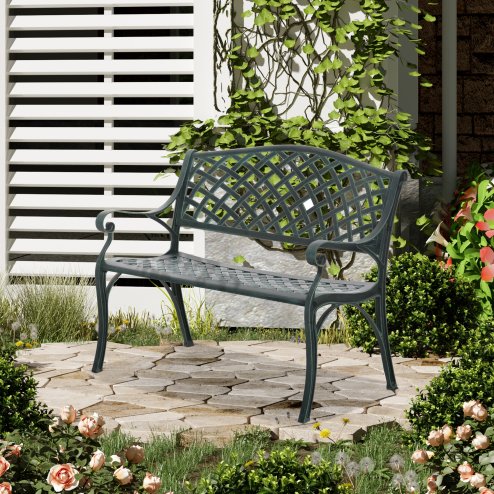Outsunny Cast Aluminium Outdoor Garden Bench 2 Seater Antique Patio Porch Park Loveseat Chair, Verdigris