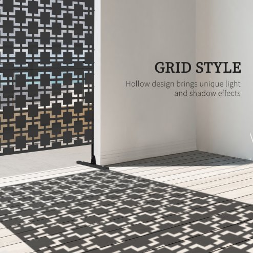 Outsunny Decorative Garden Privacy Screen with Stand, 6.5FT Freestanding Metal Outdoor Divider, Decorative Privacy Panel with Expansion Screws for Garden Pool Hot Tub, Grid Style, Black