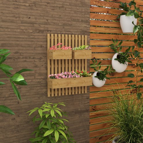 Outsunny Wall-mounted Wooden Garden Planters with Trellis, Drainage Holes and 3 Movable Planter Boxes, Wall Raised Garden Bed for Patio, Carbonised