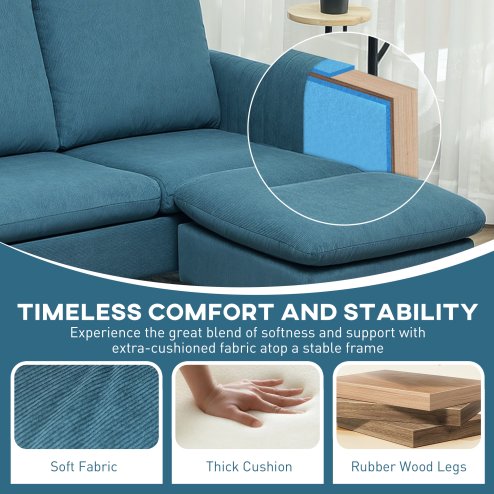 HOMCOM 3 Seater Sofa with Ottoman, 196cm Corduroy L-shaped Sofa Couch with Scatter Back, Reversible Chaise Lounge for Living Room, Home Office, Small Spaces, Blue