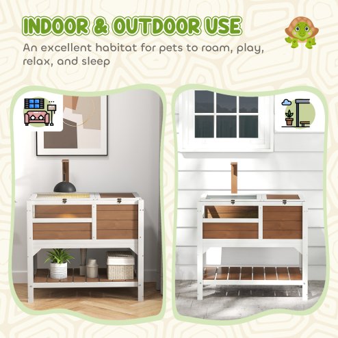 PawHut Tortoise House w/ Shelf, Small Pet Reptile Wooden House w/ Hide Shelter Den and Run, Lamp Holder, Tray, for Indoors, Outdoors - Brown