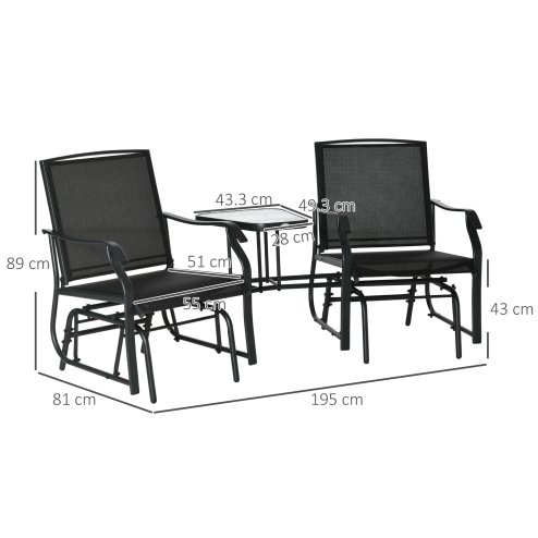 Outsunny Outdoor Double Glider Rocking Chairs with Glass Top Middle Table, Metal Gliding Love Seat Conversation Furniture with Breathable Mesh Fabric Seat, for Garden, Patio, Black