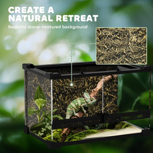 PawHut Reptile Glass Terrarium, Reptile Vivarium with Stone Background, Front Ventilation, Escape-Proof Knob Lock, Glass Enclosure for Lizards, Horned Frogs, Snakes, 30 x 20 x 20 cm, Black