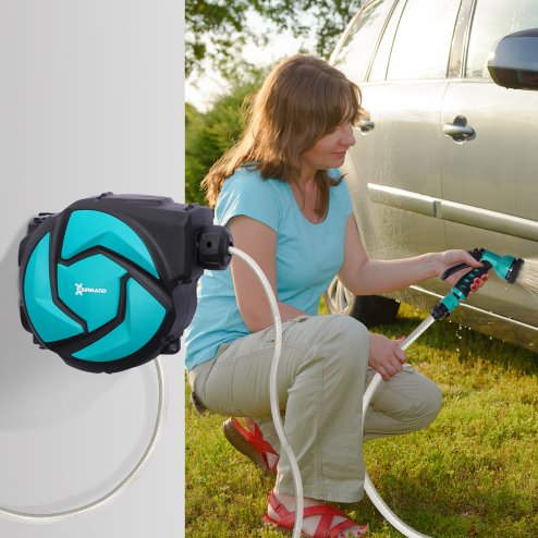 DURHAND 10m Garden Hose Reel Wall Mounted Auto Rewind with 7 Patterns Spray Nozzle, Includes Wall Fixings