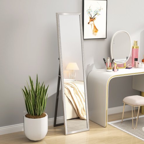 HOMCOM Full Length Mirror, 37 x 157cm Wall Mounted, Leaning, Free Standing Mirror, Framed Full Body Mirror for Living Room, Bedroom, Silver