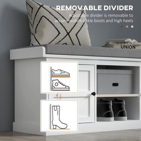 HOMCOM Shoe Bench with Seat, Shoe Storage Bench with Cushion, 2 Cabinets and Adjustable Shelf for Entryway, Hallway, Living Room, Bedroom, White