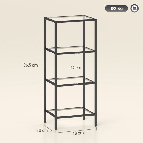 HOMCOM 4-Tier Shelving Unit, Modern Glass Shelf, Bookshelf, Storage Rack for Living Room, Home Office, Bedroom, Bathroom, 40 x 30 x 97 cm, Black