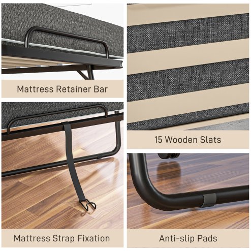 HOMCOM Folding Bed with Mattress, Foldable Guest Bed on Wheels, Portable Single Bed with 10cm Mattress, Side Pockets, Cover, 190 x 80cm, Dark Grey