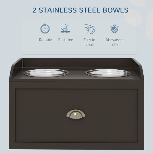 PawHut Stainless Steel Raised Dog Bowls, Double Dog Food and Water Bowl w/ 21L Storage Drawer, for Large Dogs - Brown