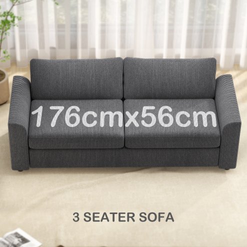 HOMCOM Modern 3 Seater Sofa with Spring Cushion, 212 cm Fabric Jumbo Cord Sofa Couch with 2 Scatter Cushions, Upholstered Corduroy Settee for Living Room, Bedroom, Home Office, Grey