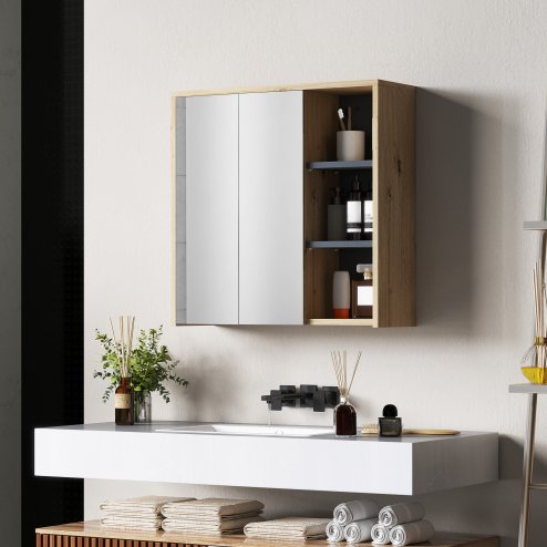 HOMCOM Bathroom Mirror Cabinet, Wall Mounted Bathroom Cabinet with Mirror, 2 Doors and Cupboards, Natural