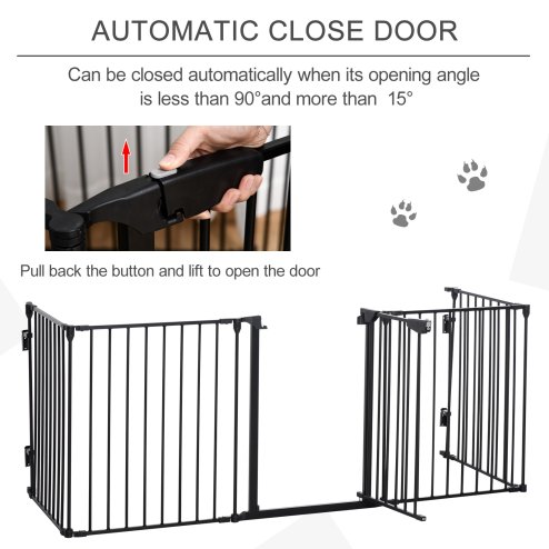 PawHut Pet Safety Gate, 5 Panels Playpen Fireplace, Metal Fence, Stair Barrier, Room Divider w/ Walk-Through Door - Black