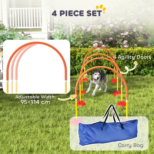 PawHut 4 Piece Dog Agility Training Equipment with 4 Adjustable Width Doors, Carry Bag, Easy to Assemble, Dog Obstacle Course for Garden, Orange