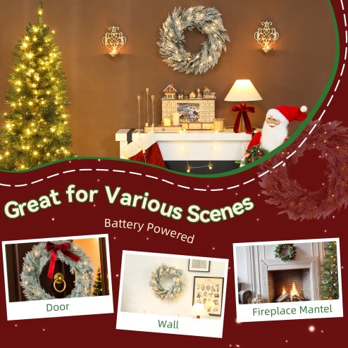 HOMCOM 60cm/ 24inch Prelit Christmas Wreath with 35 Warm White LED Lights, Timer, Battery Operated, Flocked Winter Door Wreath with All Realistic Branches, Silver Tone Glitter for Home Decorations