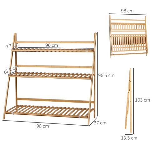 Outsunny 3-Tier Bamboo Plant Stand, Folding Plant Rack, Display Plant Shelf for Indoor & Outdoor Use, 98 x 37 x 96.5cm, Natural