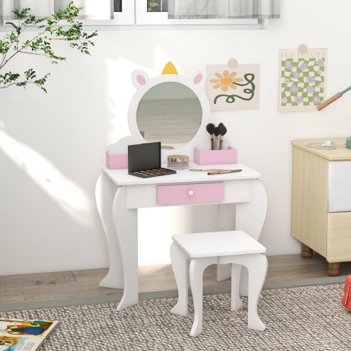 ZONEKIZ Kids Dressing Table Kids Vanity Table Girls Dressing Table with Mirror and Stool, Drawer, Storage Boxes, Unicorn Design, for Toddles Ages 3-6 Years - White and Pink