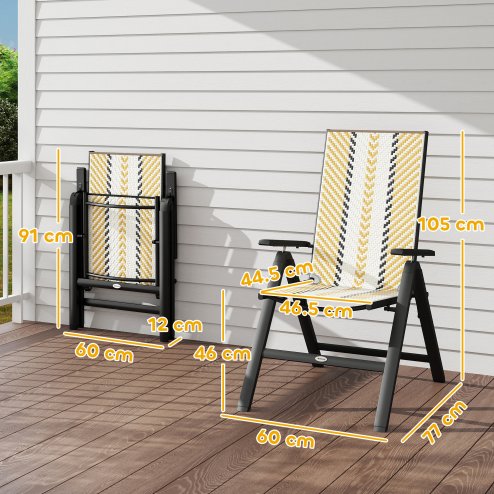 Outsunny Rattan Folding Chair Outdoor Set of 2, 5-Position Adjustable Wicker Garden Dining Chair with High Backrest, Wide Armrest, for Patio, Terrace, Balcony, Orange