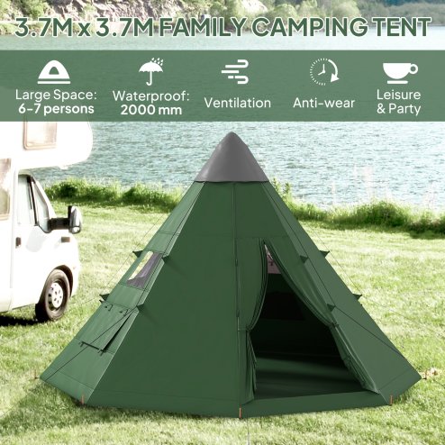Outsunny 6 Men Tipi Tent, Camping Tent with Mesh Windows, Sewn-in Floor, Two Doors and Carry Bag, Easy Set Up, for Hiking Picnics Outdoor Night, Green